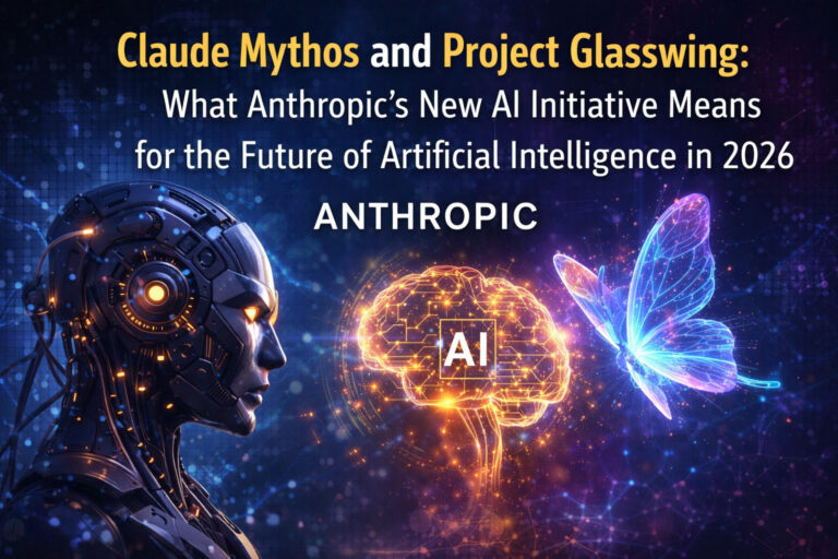 Futuristic AI-themed illustration showing a robotic head, glowing digital brain, and butterfly graphic with the title about Claude Mythos and Project Glasswing, Anthropic’s new AI initiative for 2026.