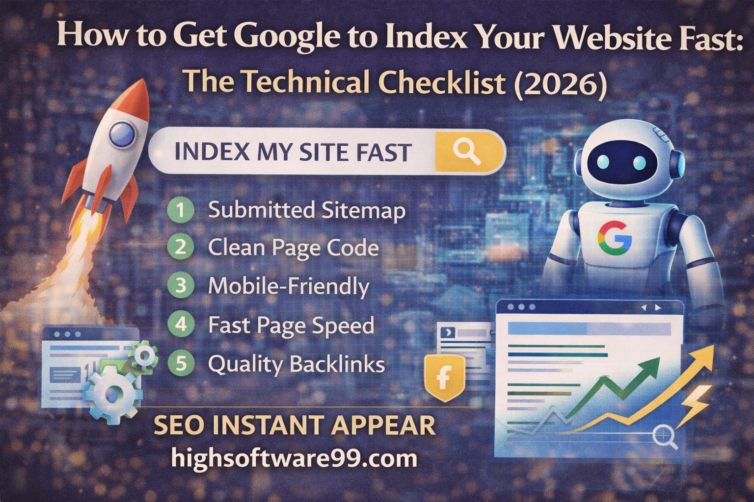 Technical SEO checklist illustration showing how to get Google to index a website fast using sitemap submission, clean code, and instant indexing strategies