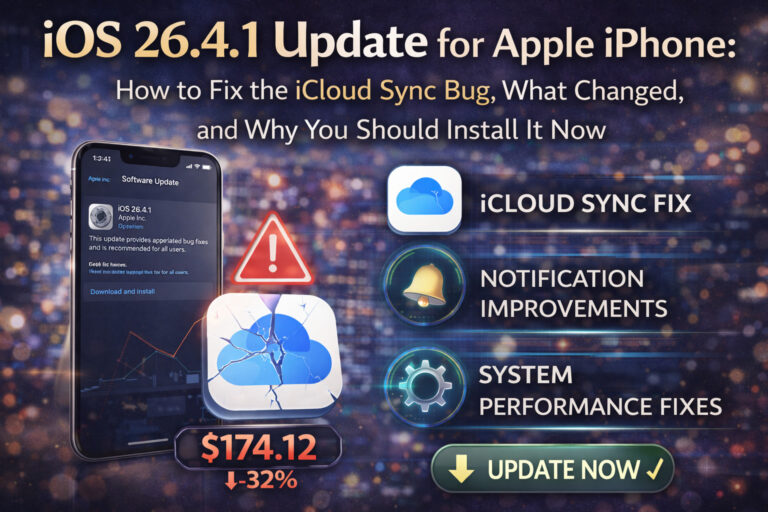 Illustration of iOS 26.4.1 update on an Apple iPhone showing iCloud sync bug fix, notification improvements, and system performance updates from Apple.