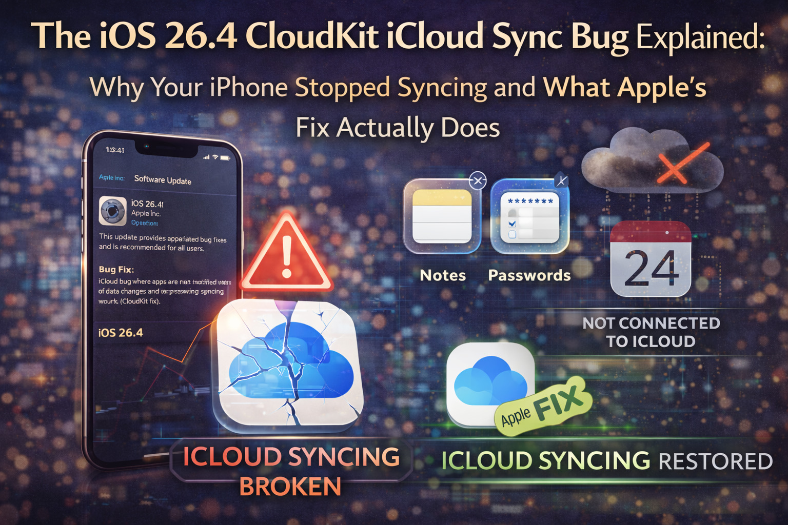 Illustration explaining the iOS 26.4 CloudKit iCloud sync bug on an Apple iPhone, showing apps like Notes and Passwords failing to sync before Apple released a software fix.