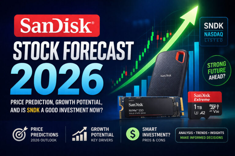 Feature image showing SanDisk stock forecast with growth chart, price prediction, and investment analysis for SNDK in 2026