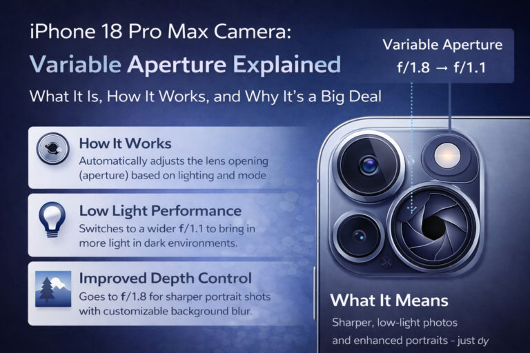 iPhone 18 Pro Max variable aperture camera infographic explaining how adjustable aperture improves low light photography, depth control, and portrait quality