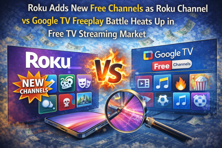 Graphic showing Roku adding new free streaming channels while competing with Google TV Freeplay in the growing free TV streaming market