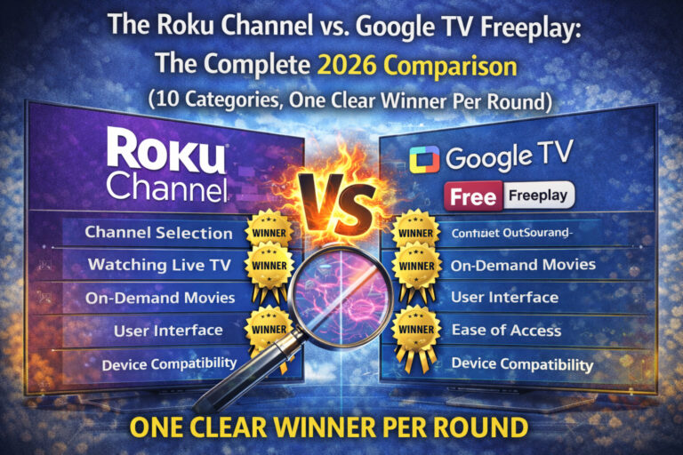 Comparison infographic showing The Roku Channel vs Google TV Freeplay across 10 categories highlighting winners in the 2026 free TV streaming platform battle