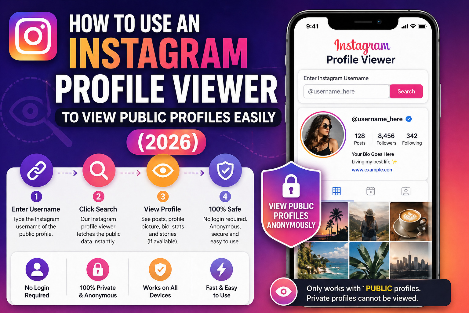 Tutorial graphic showing how to use an Instagram profile viewer to access public profiles with step-by-step instructions