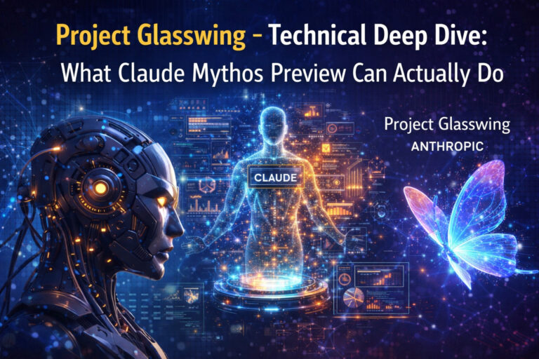 Futuristic AI illustration featuring a robotic head, holographic Claude figure, and glowing butterfly representing Project Glasswing technical deep dive and Claude Mythos preview capabilities.