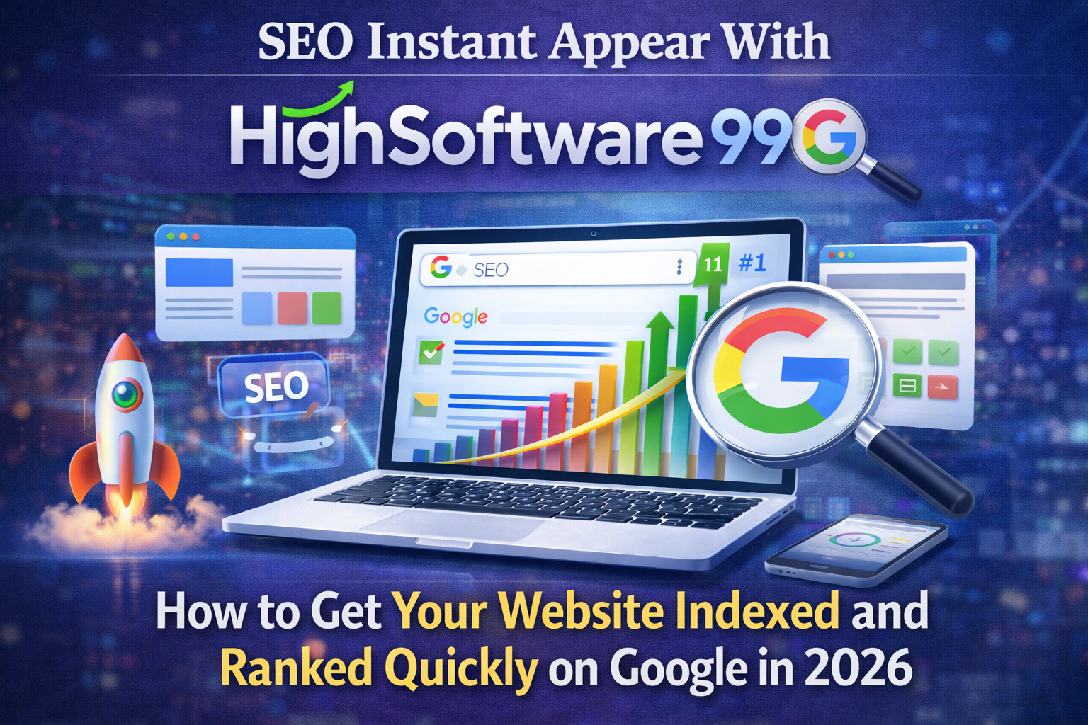 Digital marketing graphic showing SEO growth strategy with Google ranking chart, website indexing process, and HighSoftware99 branding