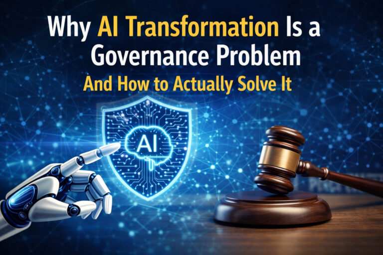 Illustration of AI governance showing a robotic hand pointing at a glowing AI shield beside a judge’s gavel, with the text “Why AI Transformation Is a Governance Problem And How to Actually Solve It.”